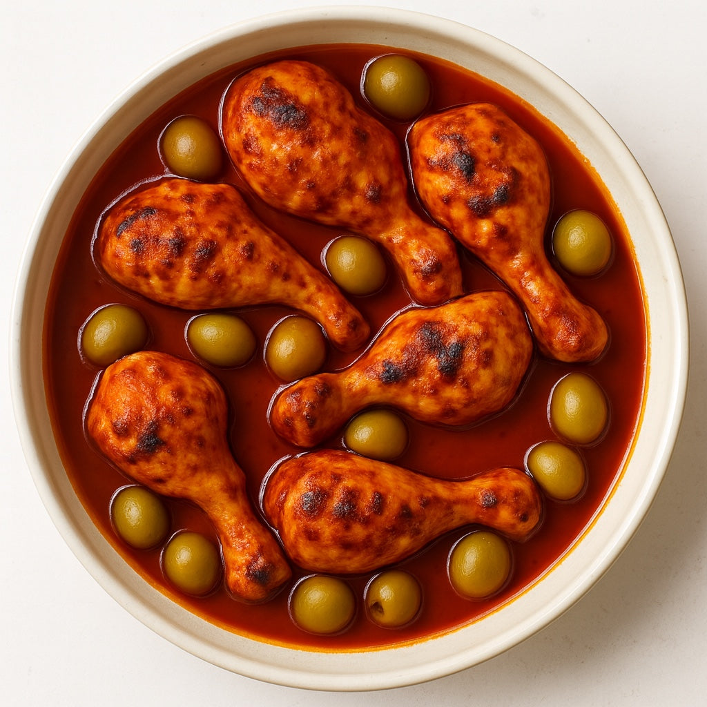 Chicken in red sauce with olives
